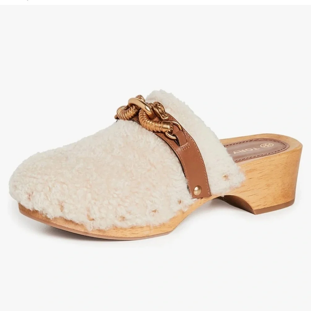 Tory Burch Women's Jessa Shearling Clogs, Buttermilk/Royal Tan size 10